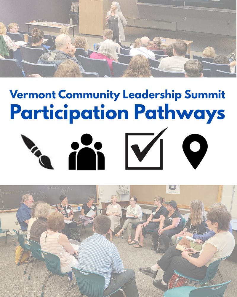 An image of people sitting around in a circle as well as people in an audience listening to a speaker with the words Vermont Community Leadership Summit Participation Pathways. There are symbols of a paintbrush, three people, a check box with a check mark in it and a navigation symbol