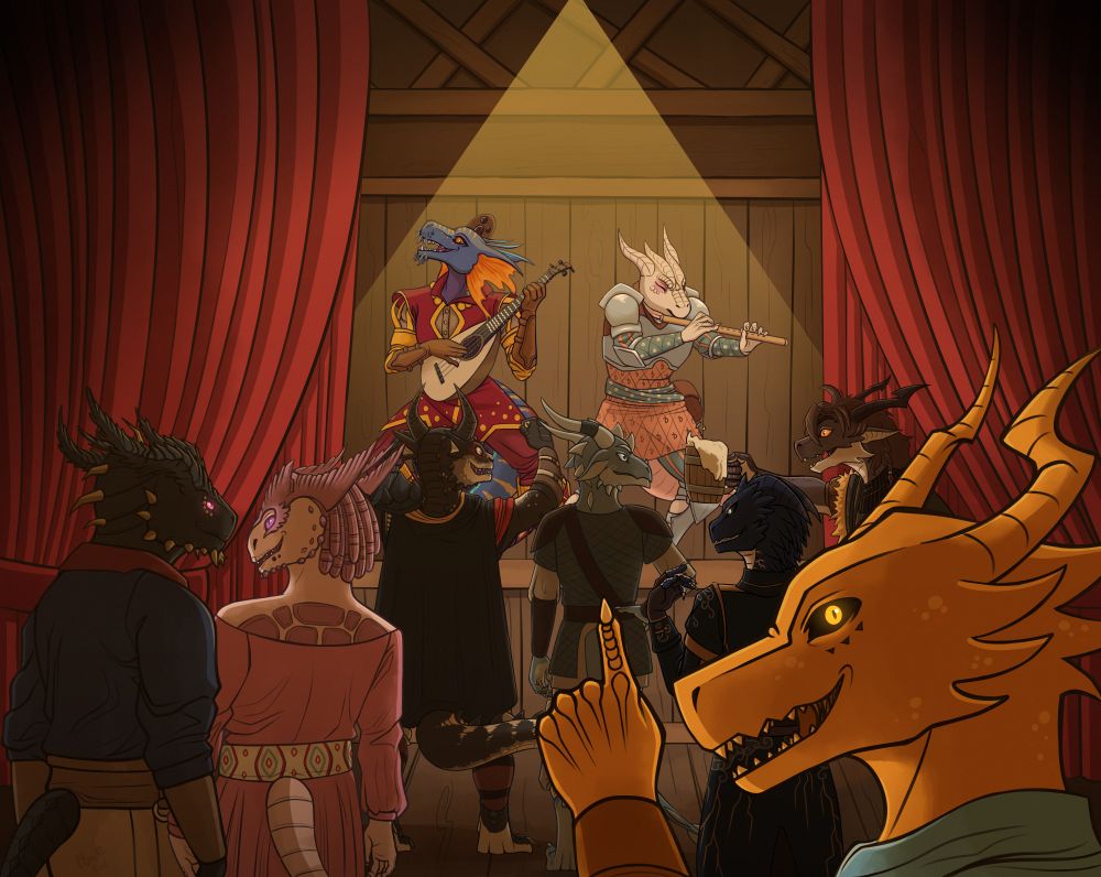 A digital drawing presenting many dragonborns (anthro dragon race from DnD) in a tavern, they're watching two dragonborns bards playing on a stage.