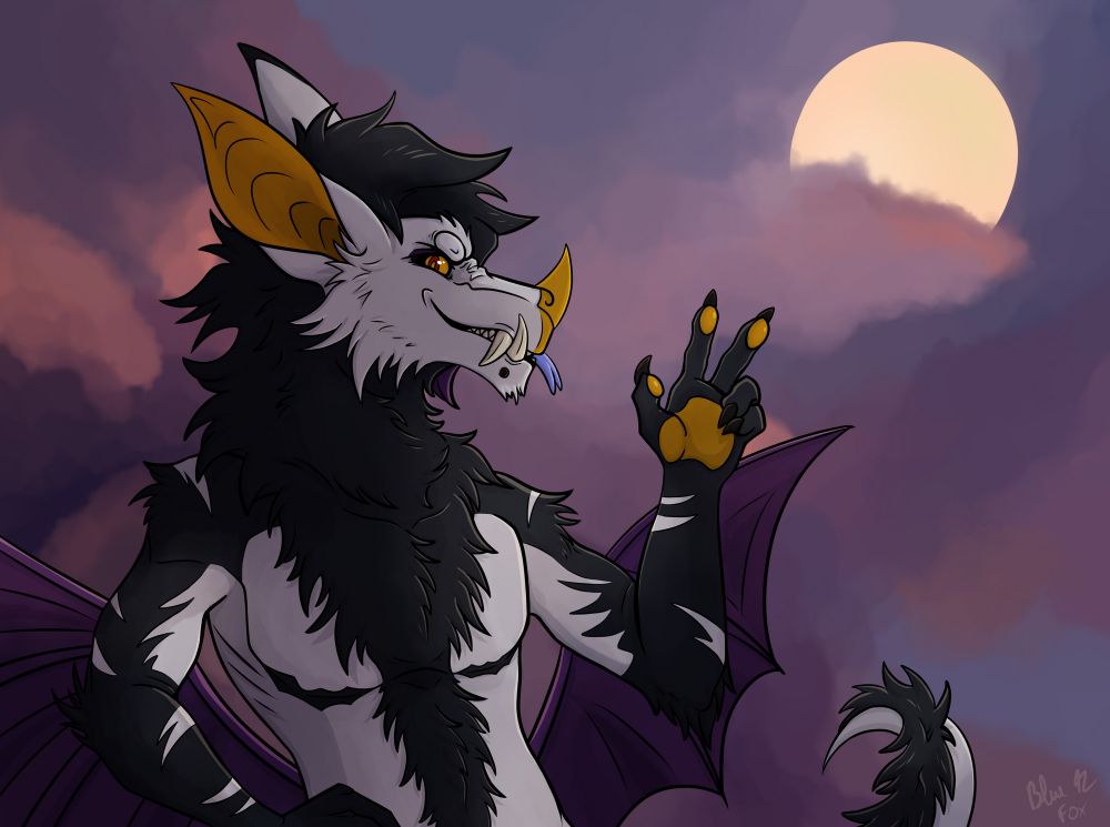 A halfbody of a bat/dragon anthro character. Their fur are white and black. They have a set of purple bat wings on the back (near the hips). "Skin" parts and eyes are yellow~orange. Background is a cloudy night sky with full moon.