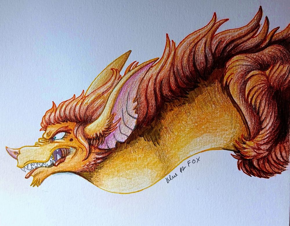 A colored pencils drawing of a bat-like creature. She has a long, dark brown mane that extends from her head and down her neck. She is snarling.