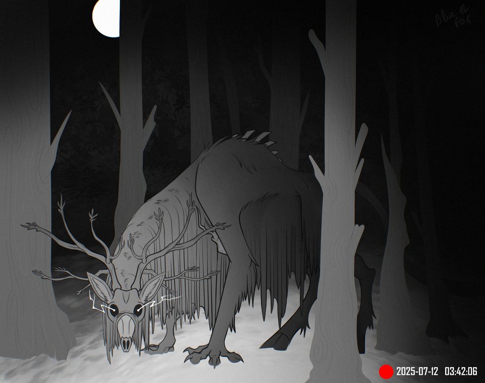 A digital drawing in greyscale representing a deer-like creature in the woods caught on camera during the night.