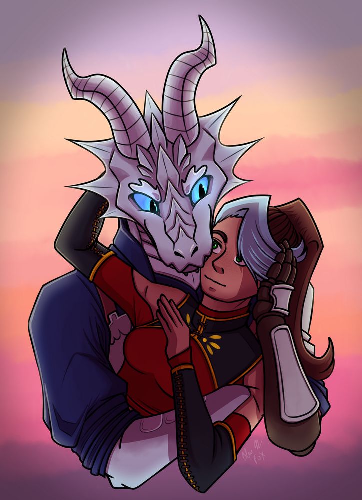 A digital drawing of a white dragonborn (anthro dragon race from DnD) and a human woman. They're hugging / holding each other very close.