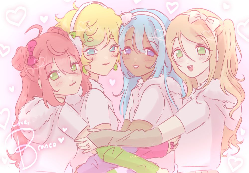 illustration of tori himemiya, sora harukawa, hajime shino, and aira shiratori from ensemble stars. they're in a group hug and are wearing matching winter themed outfits. 