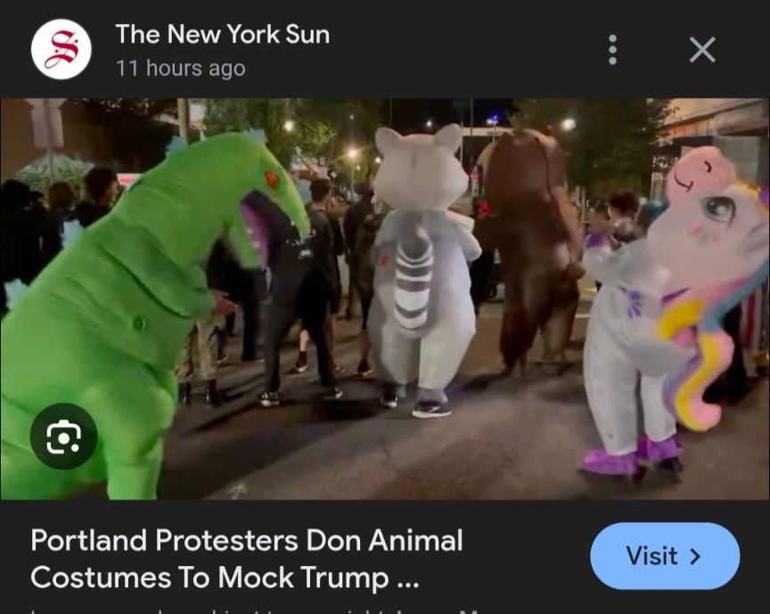 People dressed in dinosaur, raccoon and unicorn costumes dance in the streets at a Portland protest. 