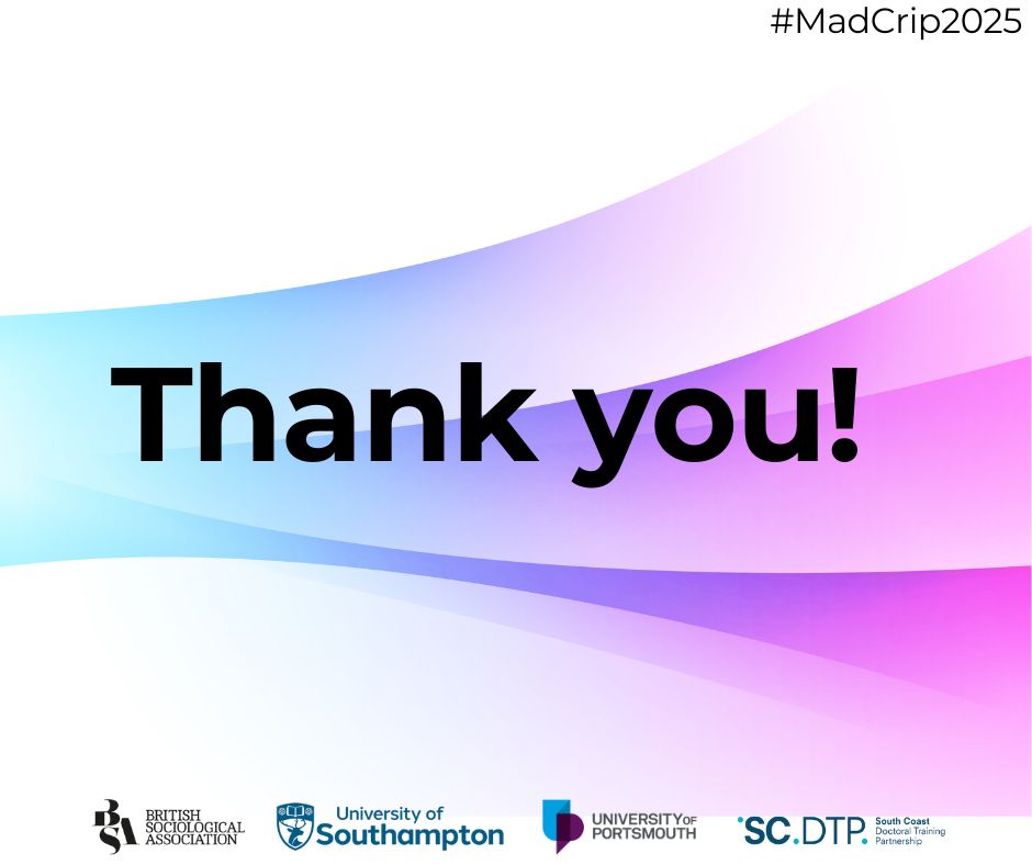 A pink, purple and blue graphic with the funder's logos at the bottom. Large black text at the centre simply says: Thank you!