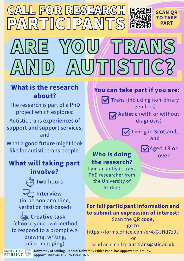 A poster for a research project. The title reads “call for research participants: are you trans and autistic?” and there is a QR code which could be scanned to take part. 

The text continues: What is the research about? The research is part of a PhD project which explores: autistic trans experiences of support and support services, and what a good future might look like for autistic trans people. You can take part if you are: trans (including non-binary genders); autistic (with or without diagnosis); living in Scotland; and aged 18 or over.

What will taking part involve? A time commitment of two hours; an interview (in-person or online, verbal or text-based); a creative task (choose your own method to respond to a prompt e.g. drawing, writing, mind-mapping).

Who is doing the research? I am an autistic trans PhD researcher from the University of Stirling. For full participant information and to submit an expression of interest: scan the QR code, go to https://forms.office.com/e/4xGJHd7z9J, or send an email to aut.trans@stir.ac.uk.

University of Stirling, General University Ethics Panel has approved this study. Approval no.: GUEP 2025 19931 16926.