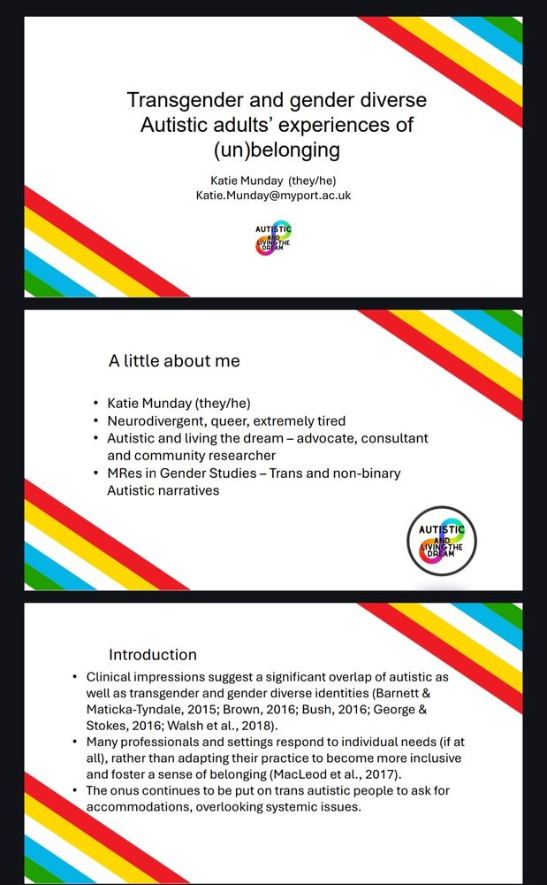 Three white slides with disability Pride stripes at the corners. There is a slide which reads the title, my name and pronouns. Title is Transgender and Gender Diverse Autistic Adults Experiences of (Un)belonging.

The second slide shows a little about me and the third is an introduction to the topic]
