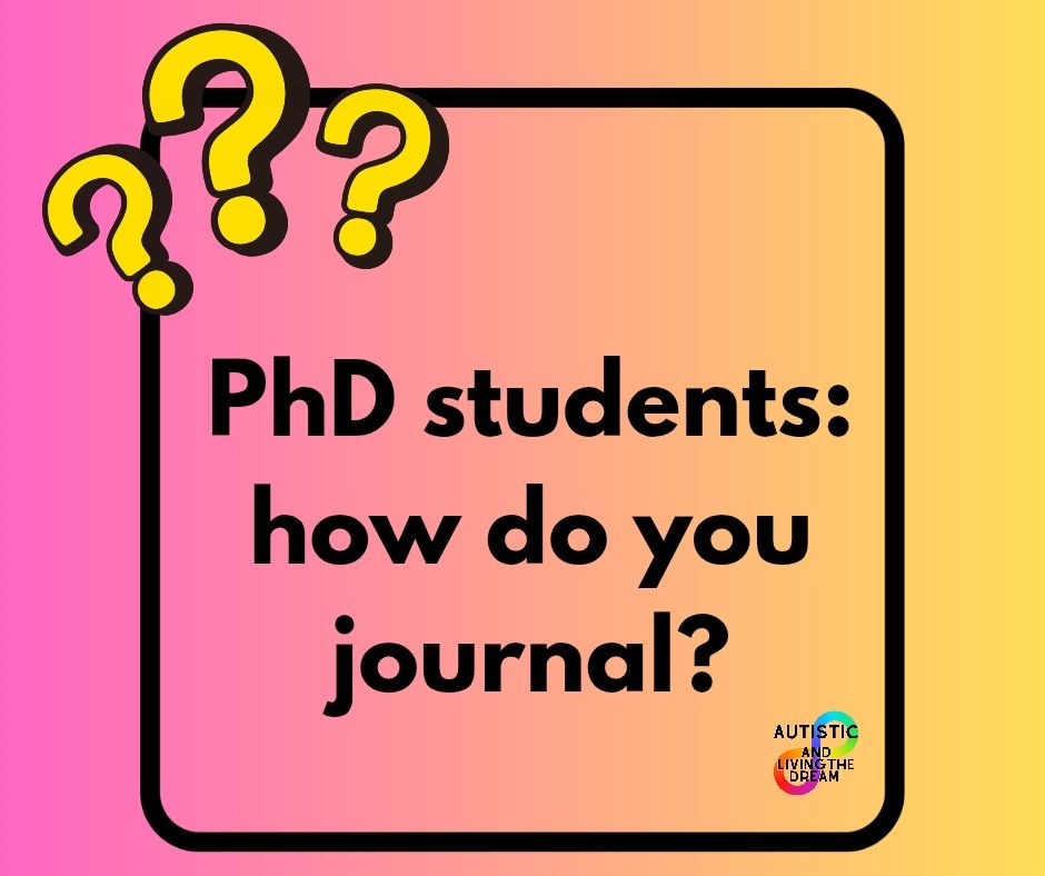 A peach background, a black box outline at the centre. Black text at the centre of the box reads: PhD Students: how do you journal? 