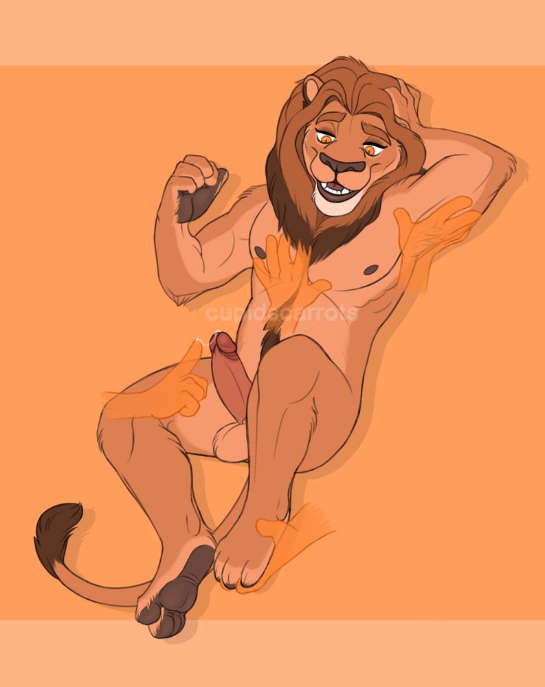 A digital drawing of a muscular anthropomorphic male lion lying on his back and looking down with a smile as four disembodied translucent hands interact with different parts of his body: his armpit, foot, chest, and penis. 
There is a trail of precum between the finger of one ghost hand and the tip of the lion’s penis. 