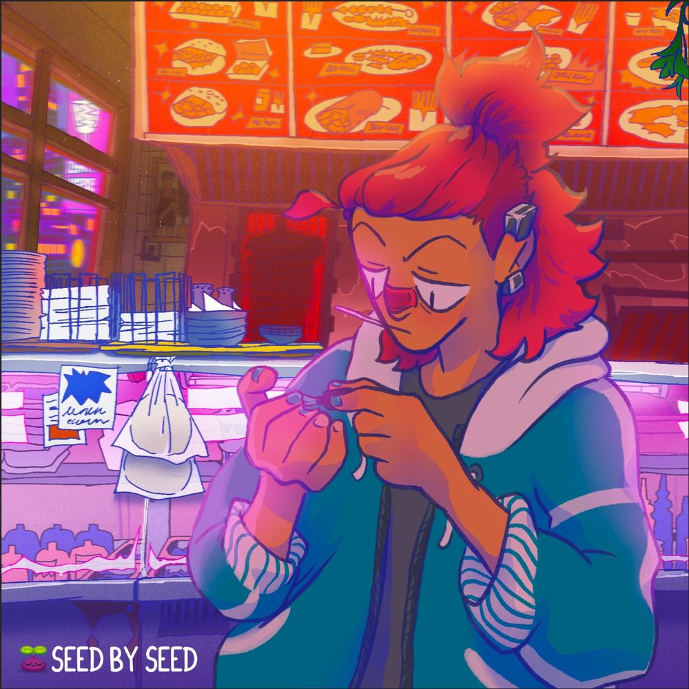 Illustration of Sam standing in front of a kebab shop, waiting patiently while putting on some blue nail polish.