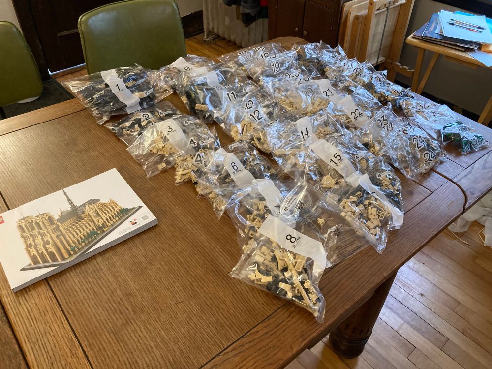 34 individual bags of legos and a booklet of instructions laid out neatly on a table. 