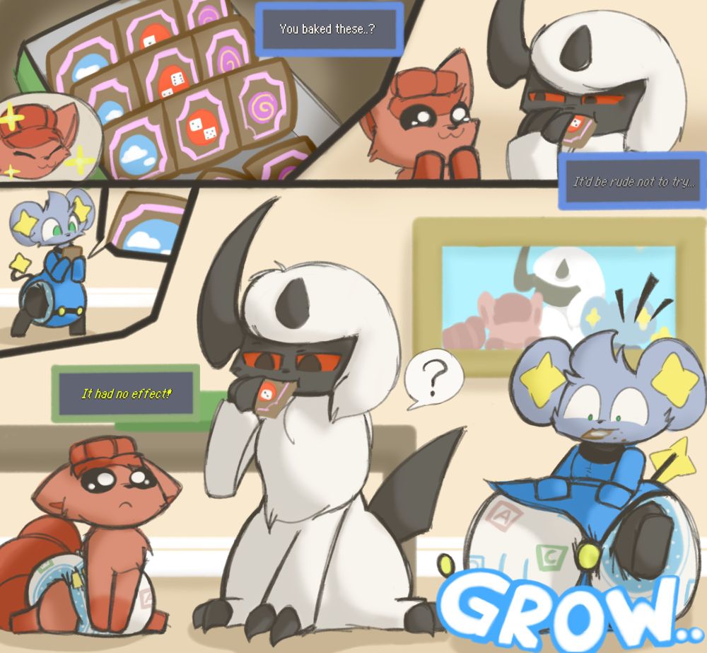 A comic where Vulpix has baked a series of cookies with various designs frosted (imprinted) on them. To not be rude, Absol and Shinx try a cookie, but only Shinx finds out that they're akin to trap tiles.