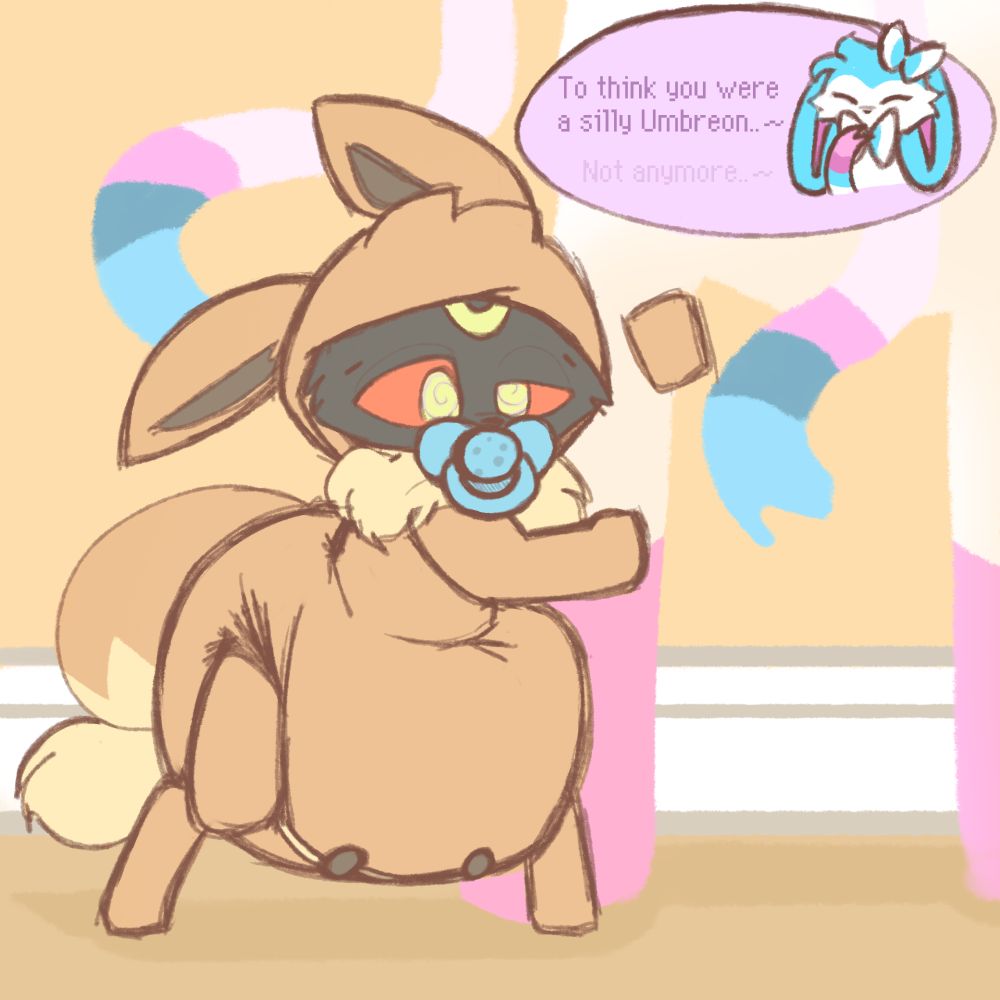 A pampered Umbreon-turned-Eevee stands, clinging to a Sylveon's leg (like the little they are).
Fairy is indeed super-effective against dark~