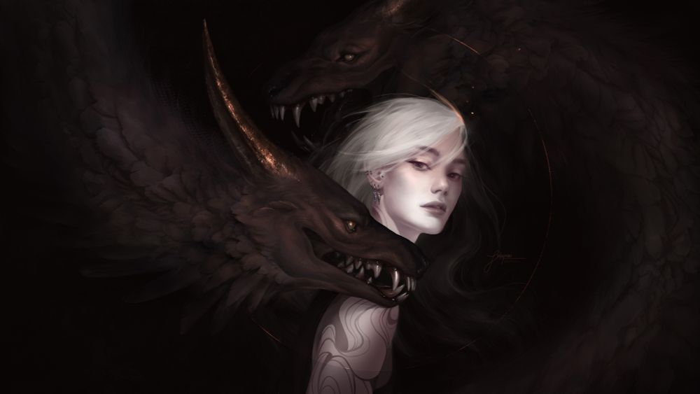 A portrait painting of a woman and her two companion dog dragon bird... creatures (I gotta come up with a better name for those things)