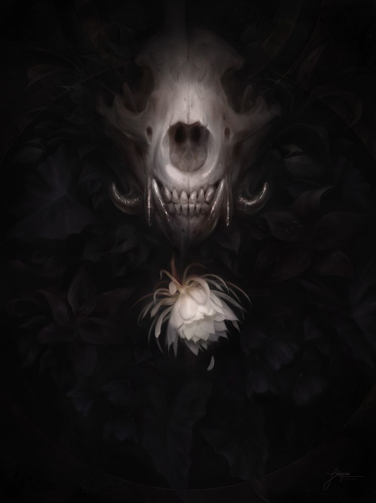 A painting of a vaguely canine skull surrounded by dark flowers and a single white flower below it