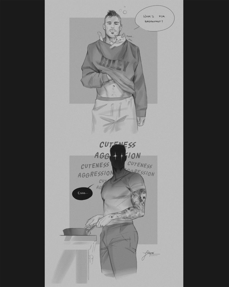 A sleepy Soap with their cat Dove in the hood of Ghost's hoodie and Ghost cooking breakfast!
First speech bubble: "Wha's for breakfast?", Second bubble: "Eggs..."
