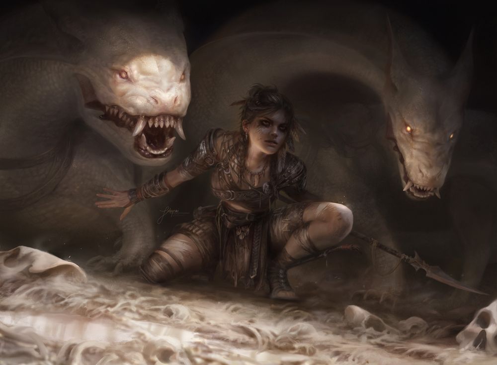 An illustration of a huntress crouched in shadow and flanked by her two noodly companions. They're eel-gator-hounds, a species I made up for this project <3