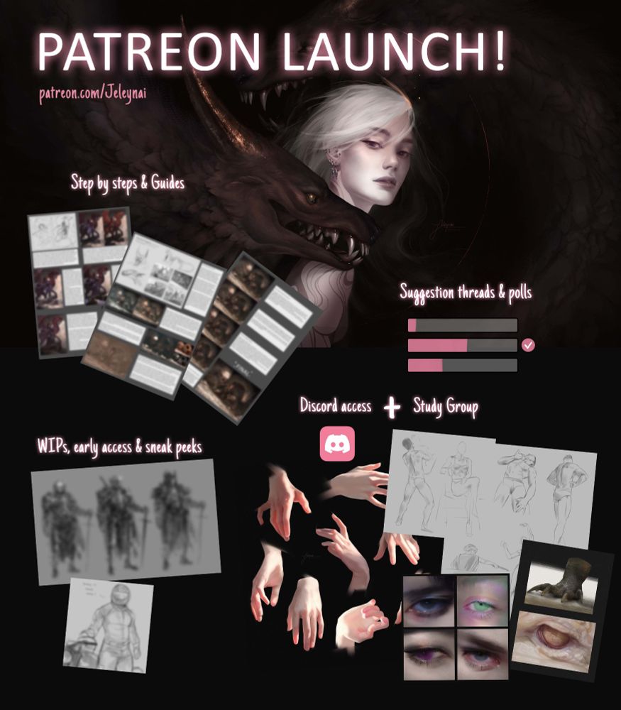 Patreon launch announcement! Rewards include: step by steps & guides, suggestion threads & polls, WIPs, early access & sneak peeks, a discord community along with a complimentary art study group!