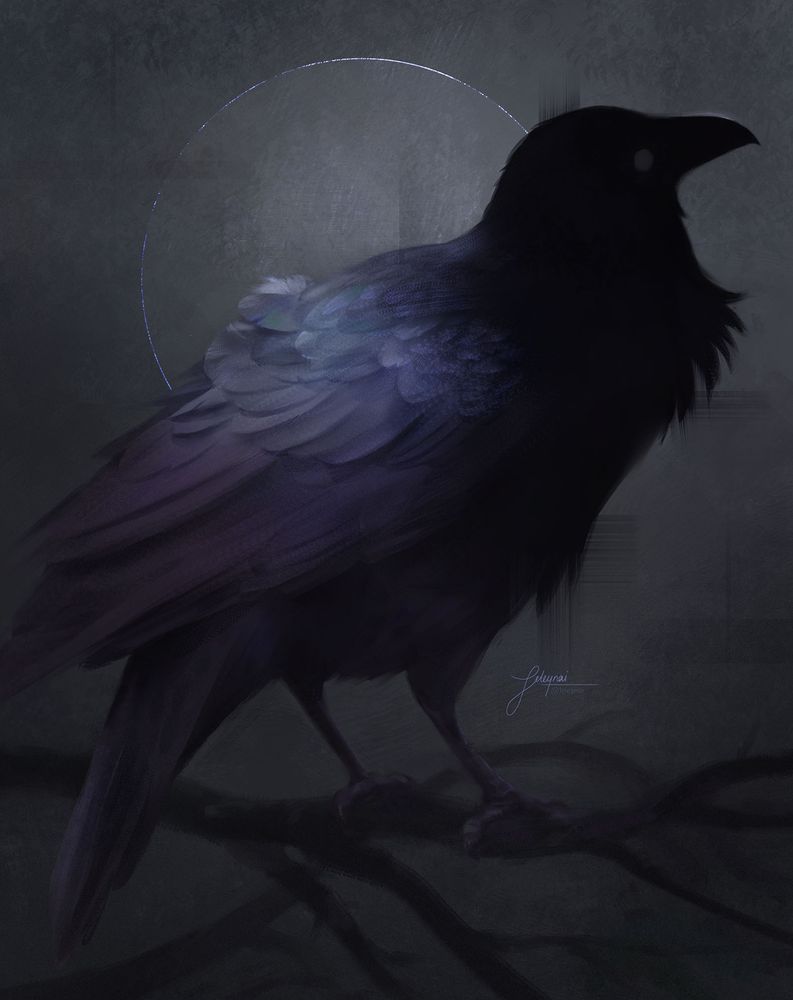 A painting of a raven with the head wrapped in shadows