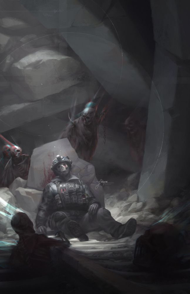 A painting of Ghost, leaned up against a broken piece of concrete as some imaginary spooky skeleton men come to bother him