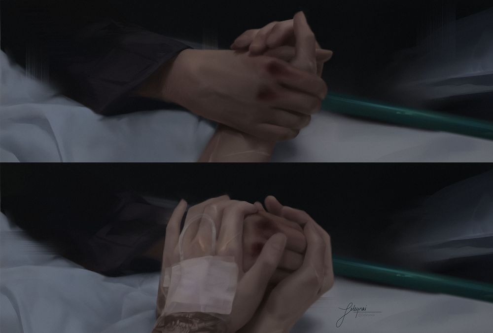 Two painted frames of boys holding hands at the hospital