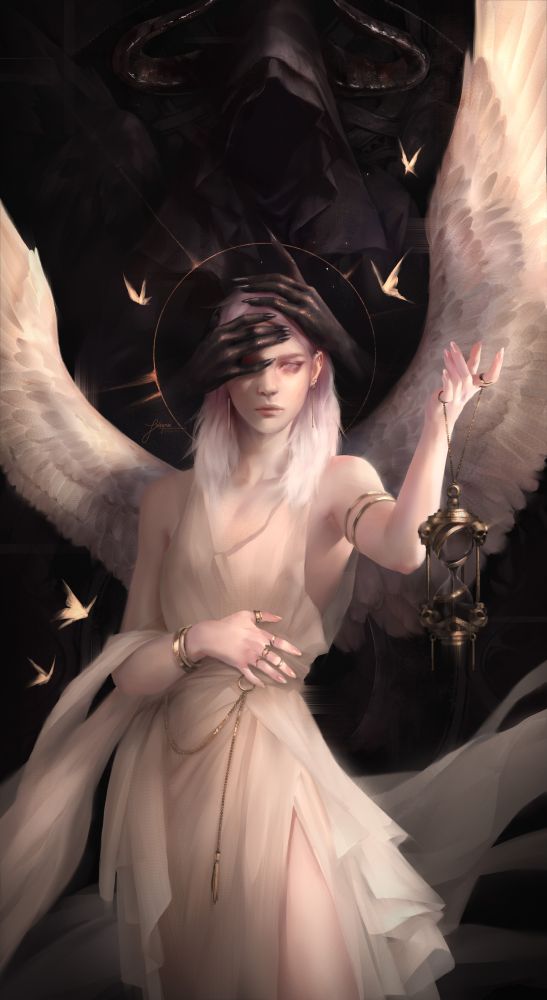 A painting of a winged woman holding sands of time as an ominous hooded and horned figure hold her head