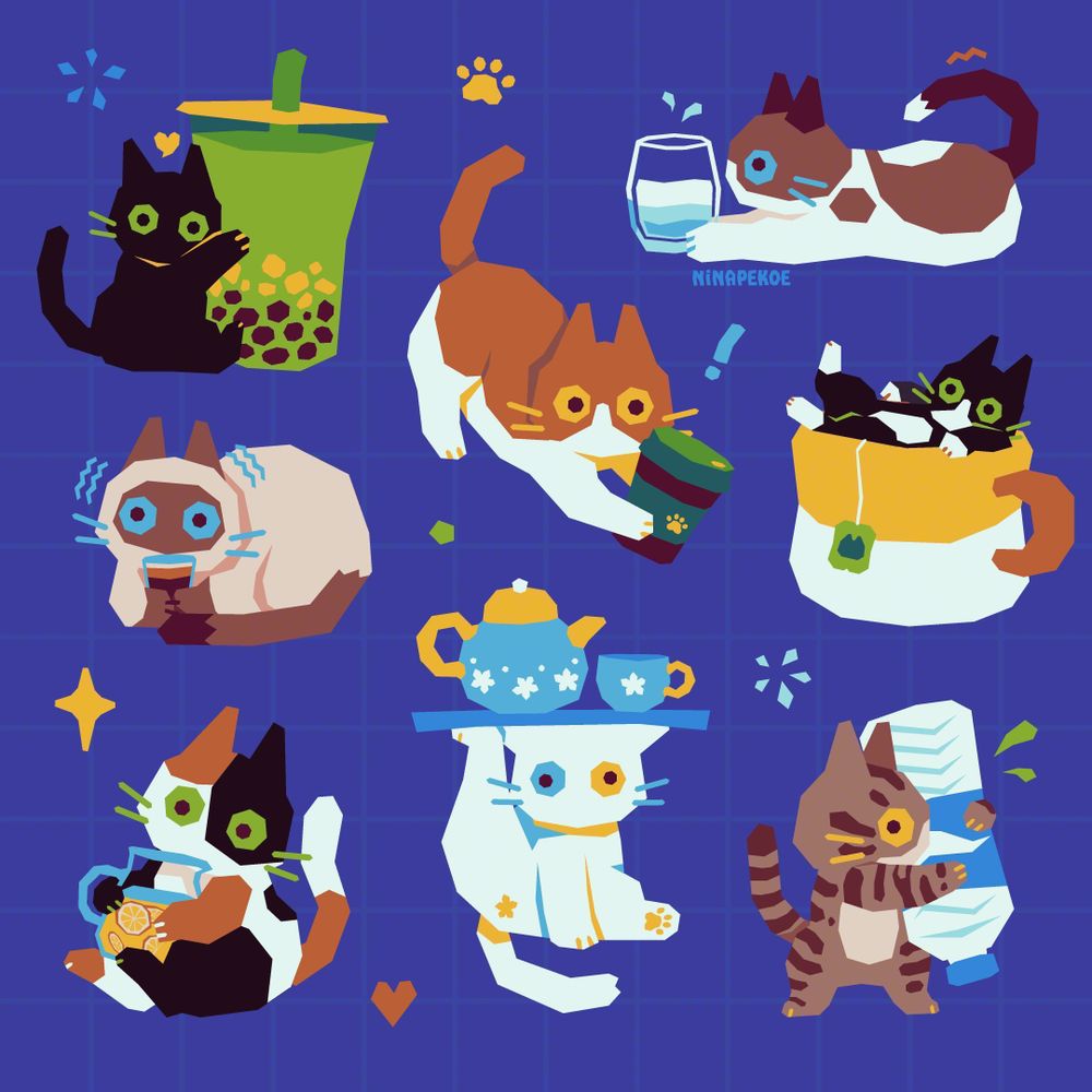 An illustration of mischievous cats that have gotten to drinks they aren't allowed to have. They are: a black cat with a matcha bubble tea, a brown and white cat with a glass of water, an orange cat with a takeaway cup, a siamese cat with an espresso shot, a tuxedo cat in a mug with a teabag, a calico with a jug of lemonade, a white cat with a teapot and a teacup on a tray, and a tabby with a bottle of water.