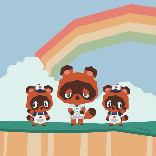 A drawing of Tom Nook with his nephews Timmy and Tommy. They are standing outside under a rainbow.