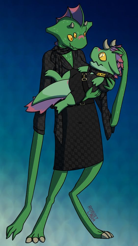 A four armed green amphibious looking alien in a knockoff gucci dress is cradling a green lizardy puppy-esque alien with a similar color scheme, some matching markings, and the same dress (albeit smaller).