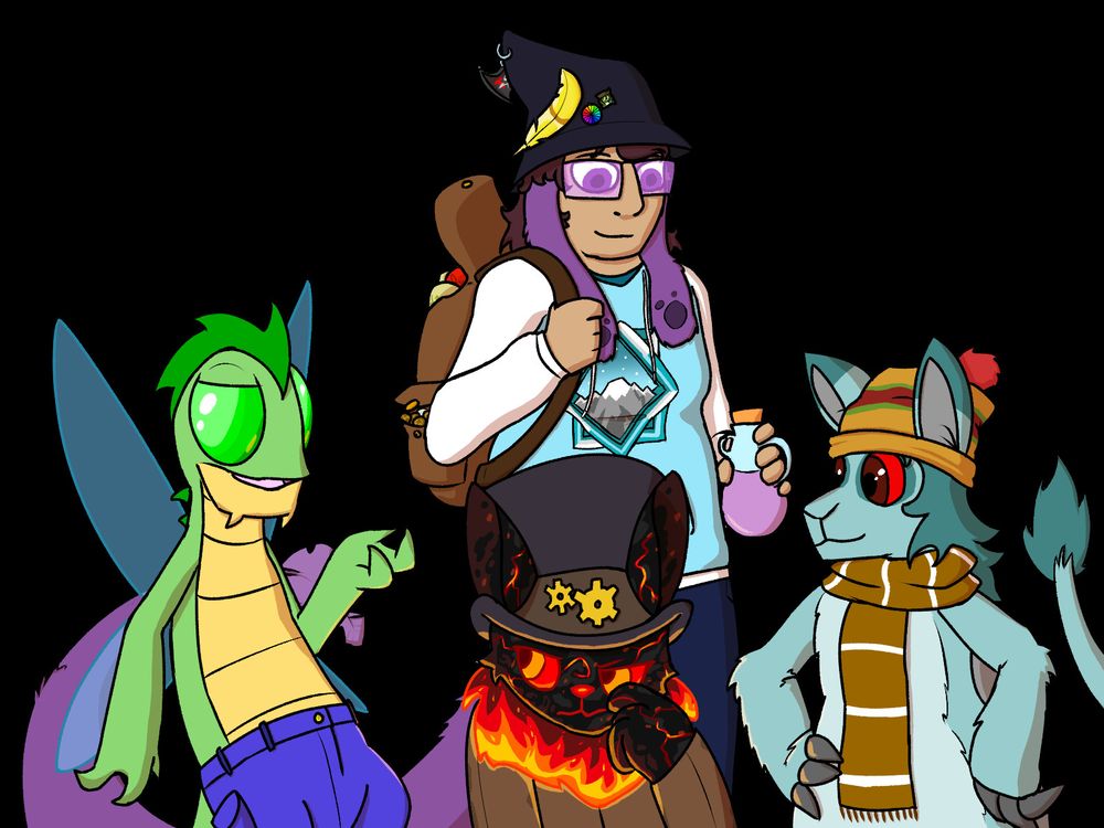 A cocky green buzz in blue jeans, a grumpy magma cybunny in a leather jacket and steampunk top hat, and a happy ghost bori in a brown scarf and orange toque. Behind them is a person with purple zafara ears and a tail, wearing a backpack full of codestones and dubloons, a Terror Mountain Hoodie, purple tinted glasses, and a dark blue combination witch hat and bucket hat, holding a purple potion.