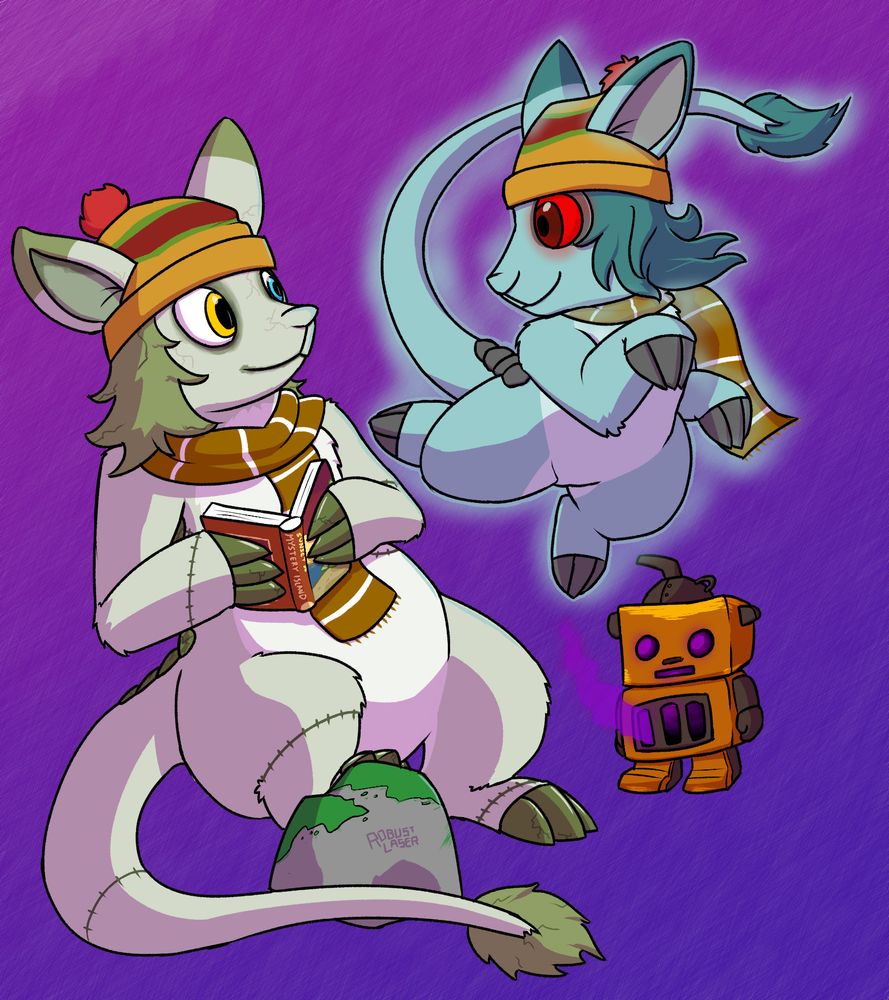Two bori Neopets, wearing the same toque and scarf.  One is a zombie, and is reading a book while sitting down, and the other is a ghost, floating next to her counterpart. There is also a boxy little robot with something glowing purple inside of it.