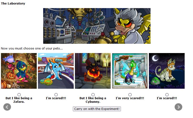 A screenshot of the Neopets Lab Ray, in which a selection of Neopets beg to not be shot at with a science laser.