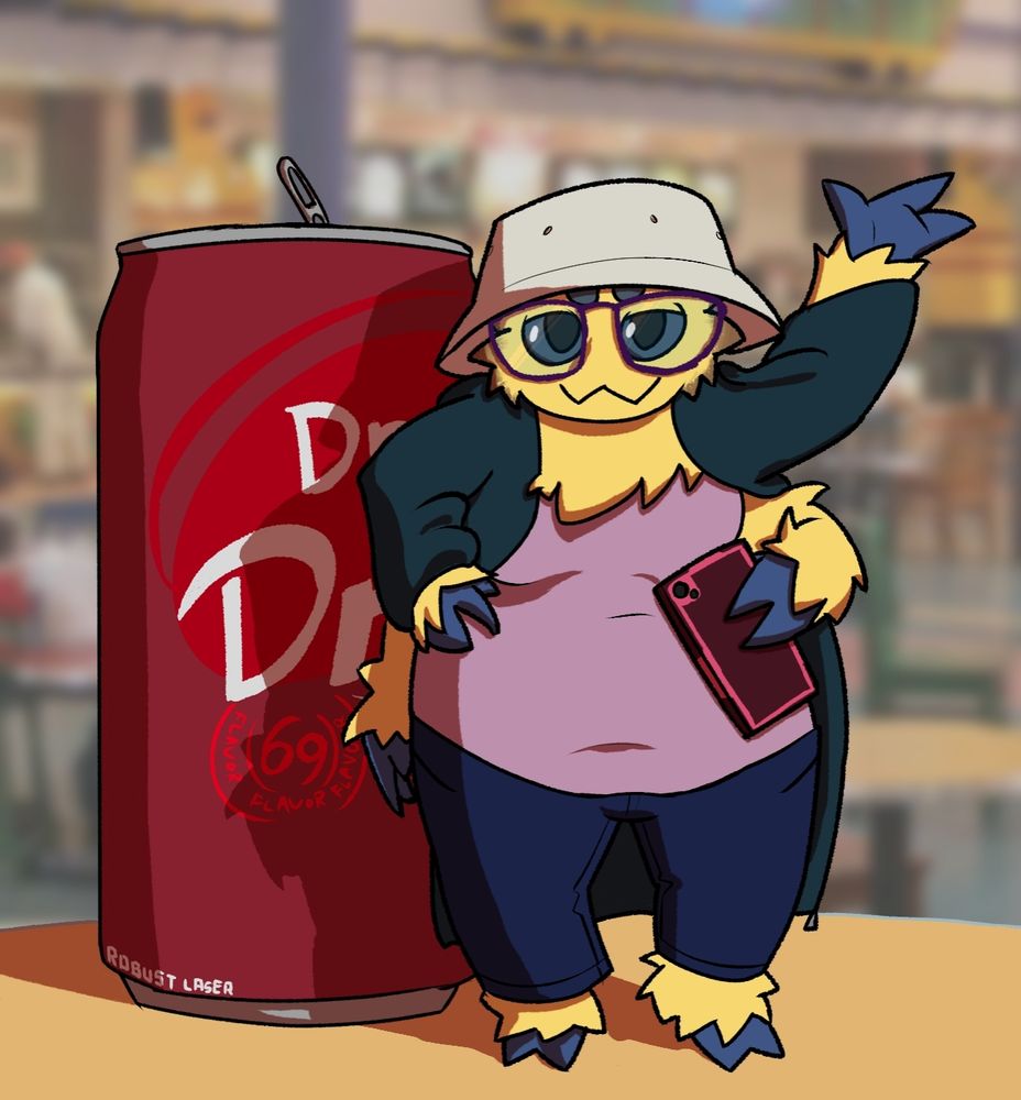 A chubby anthromorphic Joltik wears a cream bucket hat, dark blue hoodie, lavender shirt, and navy jeans. She holds a pink cell phone and is waving. She is standing next to a knockoff can of Dr. Pepper, which is only slightly smaller than her.