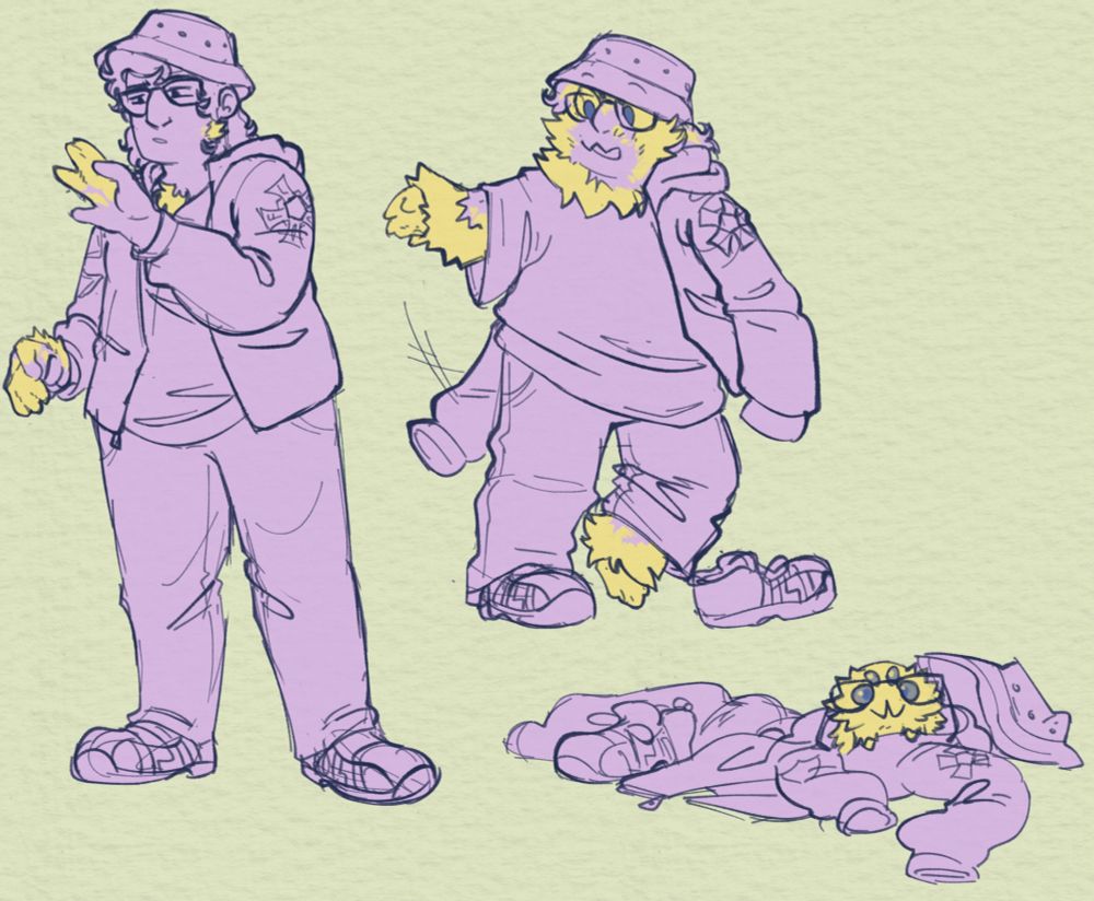 a 3-stage digital drawing of a person transforming into a joltik. their fingers begin to fuse and yellow fur grows from their face, arms, and so on as they begin to shrink. in the final stage, they are a joltik, lying among their oversized clothes with their glasses on their face.