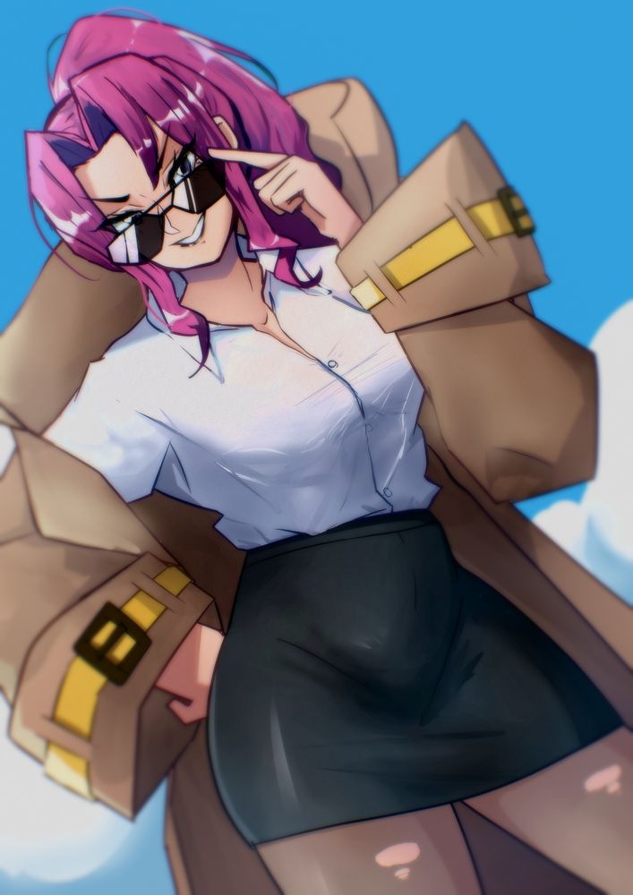 Minami Mashiro from Sushi Ben adjusting her glasses and smirking.