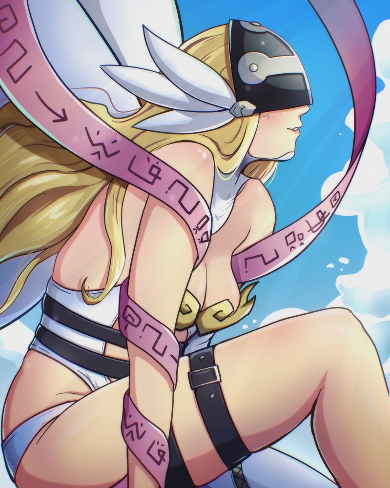 Angewomon from Digimon sitting somewhere high up where there is a cloudy sky behind.