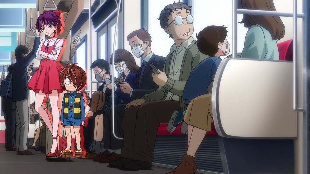 『ゲゲゲの鬼太郎 私の愛した歴代ゲゲゲ』OPより引用。6期鬼太郎とねこ娘。先程と同カット、こどもの隣に座る中年の人物が、つられたようにふと窓の外を見る。　