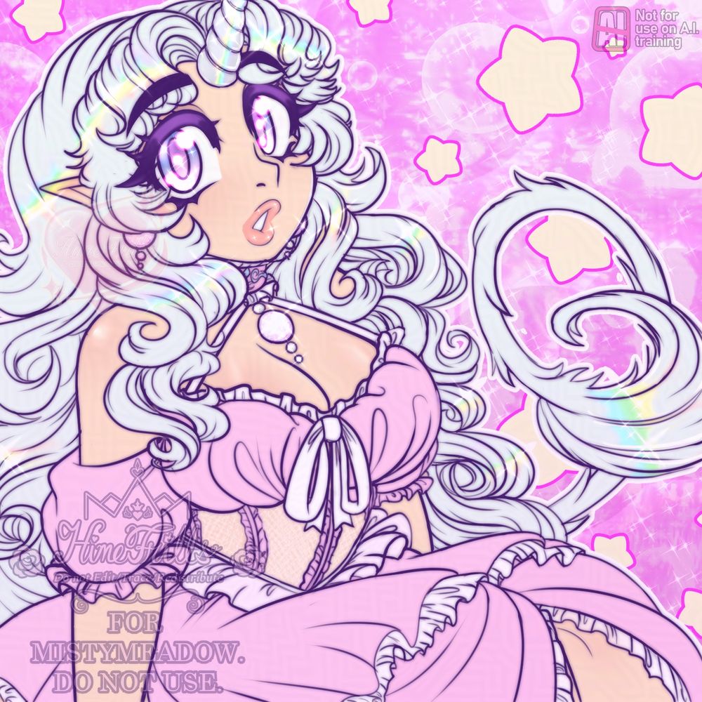 A half body illustration in my "loose line art" style for MistyMeadow. Misty is sitting down with her knees bent and her hands on the ground beside her. She looks at the viewer curiously. Misty is a unicorn humanoid with a ethereal style.