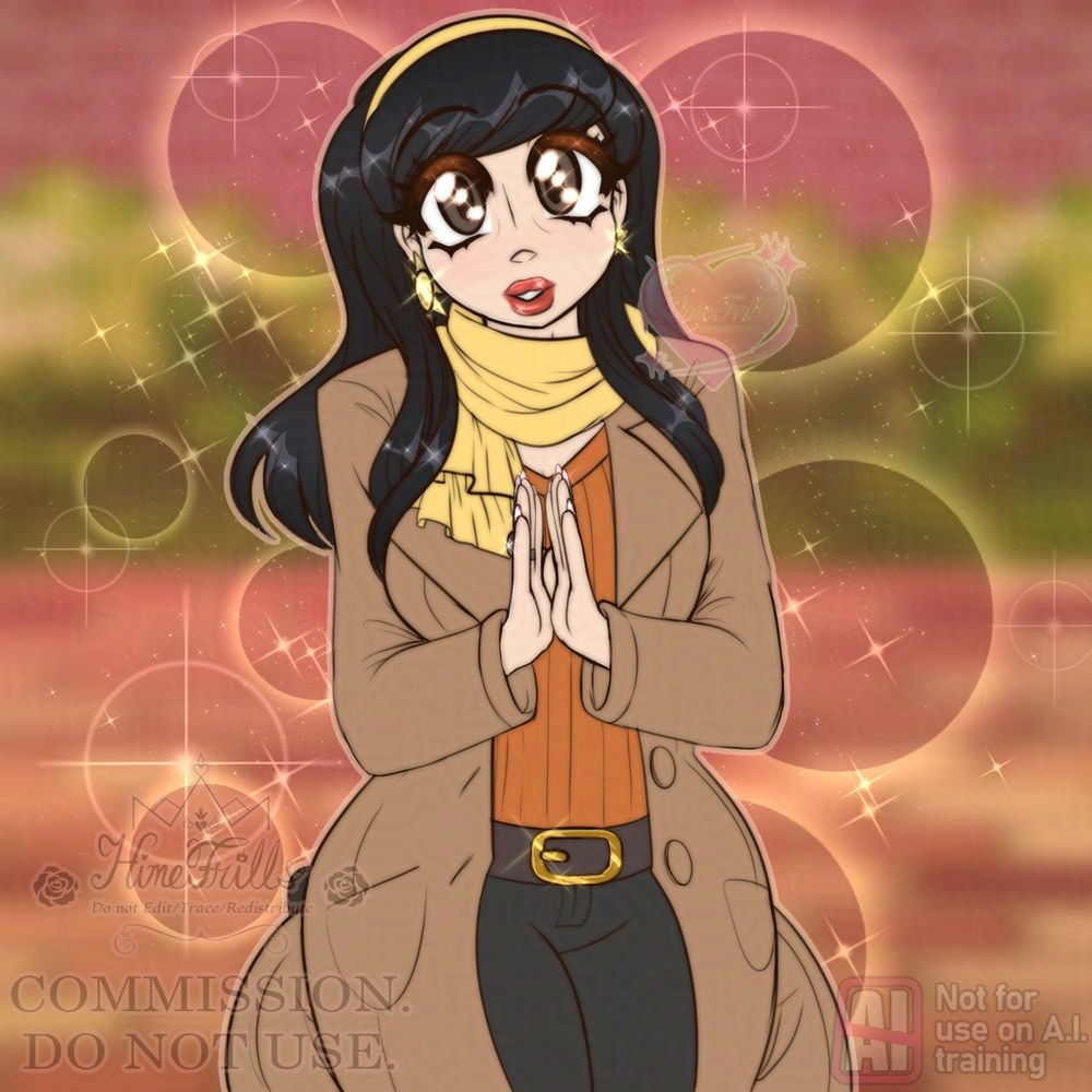 A half body commission of a woman sitting down in a park. She is looking up, amazed while clapping. She is wearing fall fashion with a yellow scarf around her neck, a yellow headband, beige long coat, a belt, sun and star earrings, a moon ring, and an orange shirt. In the background is a brick ground, brushes, and a brick wall/building (blurred.) The drawing contains various sparkles on and behind the character.