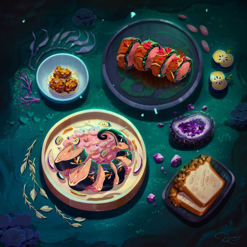 Four alien food dishes sit in a mysterious grassy environment with dark, moody lighting. There is an eel risotto dish, meat medallions wrapped in herbs, breaded fried poppers, and bread cooked in a geode. A variety of small herbs, fruits, and items lay around the dishes.