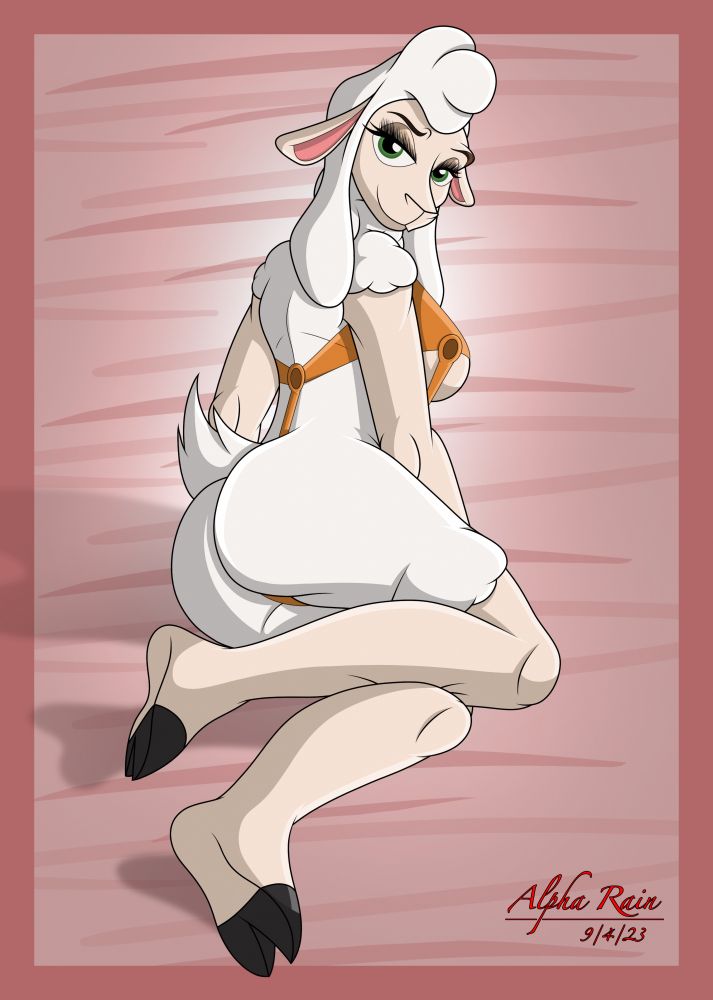 A drawing of my OC Joyce, an anthro sheep woman, laying on her side while showing off her boody in a skimpy swimsuit