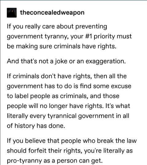 The image shows a text post from a tumble user with the handle "theconcealedweapon" making an argument about the importance of protecting the rights of criminals as a safeguard against government tyranny. The post presents the following key points:

If you want to prevent government tyranny, ensuring criminals have rights must be your top priority
This is not meant as a joke or exaggeration
Without rights for criminals, governments can simply label people as criminals to strip away their rights
The post claims this has been a common tactic of tyrannical governments throughout history
The post concludes that believing people who break laws should forfeit their rights is effectively supporting tyranny

The argument centers on the idea that due process and legal protections for accused/convicted persons are fundamental safeguards against authoritarian government overreach.