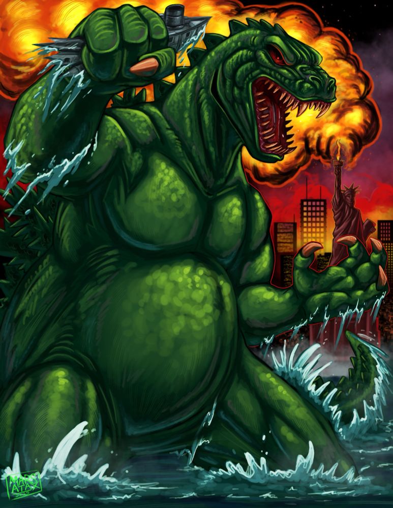 Illustration of Godzilla (Marvel comic version) with a back drop of New York City and the Statue of Liberty