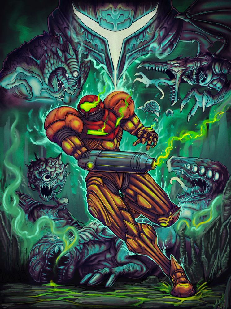 Poster of various Metroid series enemies and Samus Aran
