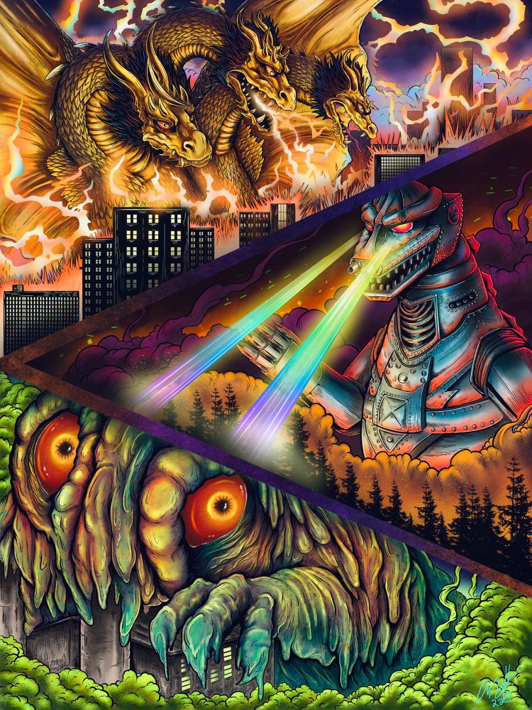 Illustration of 3 Godzilla villain kaiju: King Ghidorah, Mechagodzilla, and Hedorah