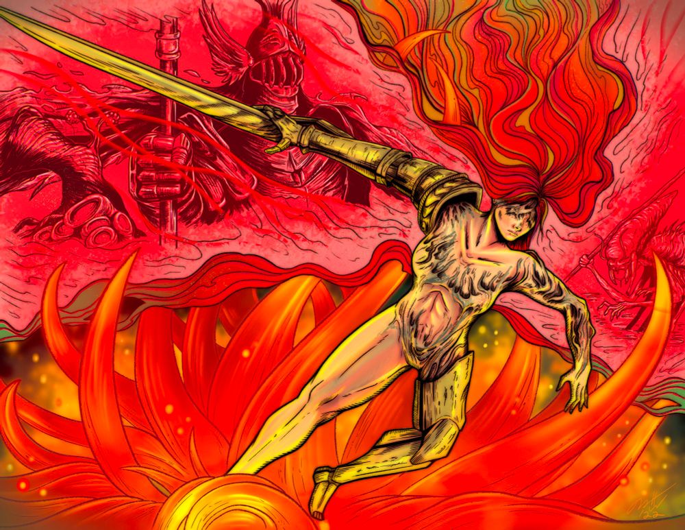 Brightly colored illustration of Malenia from Elden Ring