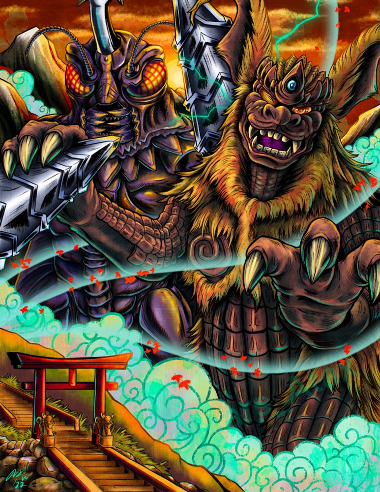 Illustration of the Godzilla kaiju King Caesar and Megalon fighting
