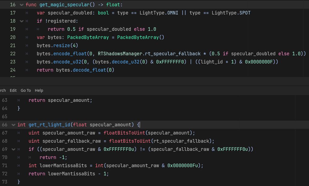 Code abusing the lower bits of the 32-bit floating point mantissa to sneak a small integer value inside of a seemingly-normal light_specular property