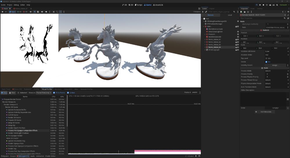 Godot editor screenshot of a project suspiciously named "rt-shadows-addon" featuring a scene of four horses with suspiciously pixel-perfect  shadows rendering in 1.4ms