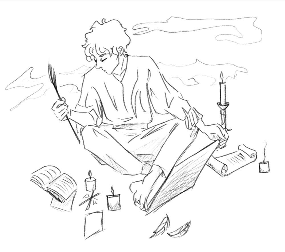 A sketch of Astrid is sitting cross legged on the floor surrounded by candles, papers, and feathers, reading from a book
